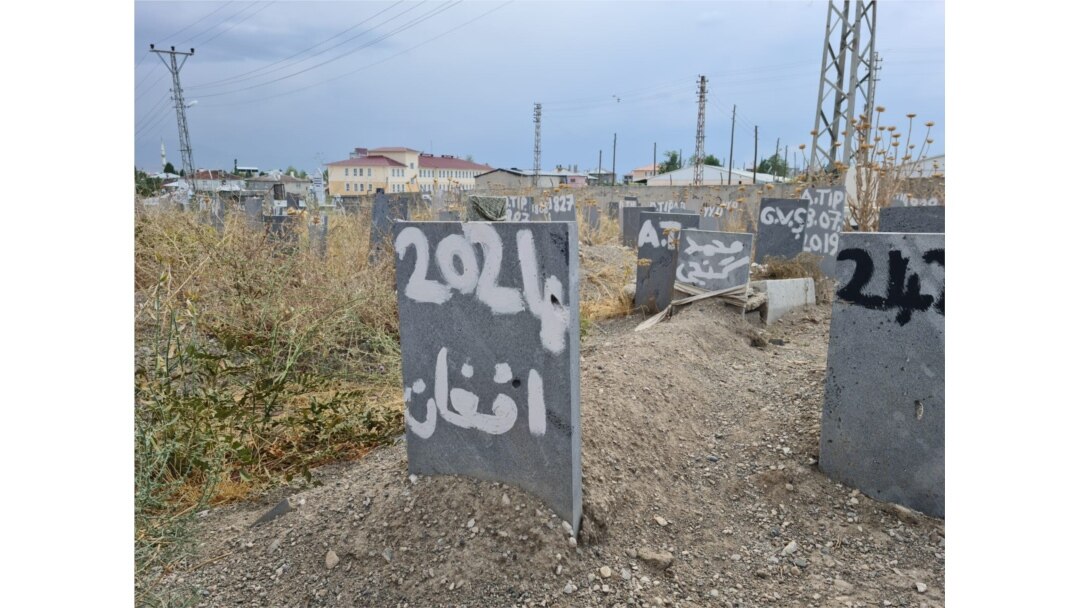 In an area of a graveyard set aside for the bodies of refugees found dead as they attempt to find safety, this grave says simply: "Afghan" on April 12, 2021 in Van, Turkey. (Heather Murdock/VOA)