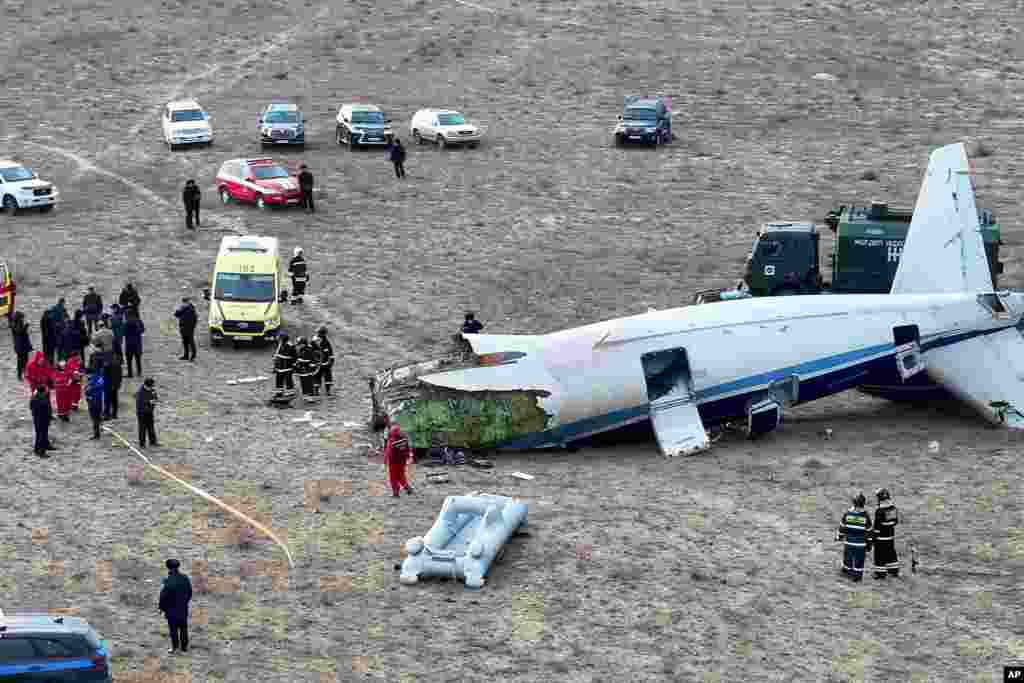 The wreckage of Azerbaijan Airlines Embraer 190 lays on the ground near the airport of Aktau, Kazakhstan, Dec. 25, 2024. Azerbaijan's President Ilham Aliyev said on Dec. 29, 2024, that the airliner that crashed last week was shot down by Russia, albeit unintentionally, and criticized Moscow for trying to "hush up" the issue for days. The crash killed 38 of 67 people on board. 