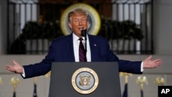 Presiden Donald Trump berbicara dari Gedung Putih pada hari keempat Konvensi Nasional Partai Republik, Kamis, 27 Agustus 2020, di Washington. (Foto: AP / Evan Vucci)