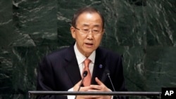 Sekjen PBB Ban Ki-moon menyampaikan pidatonya pada Sidang Majelis Umum PBB ke-69 di markas besar PBB, New York, 24 September 2014. (AP Photo/Richard Drew).