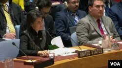 U.S. UN Ambassador Nikki Haley during an emergency UN Security Council meeting on the Iranian protests, Friday, Jan. 5, 2018.