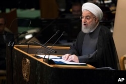 Iranian President Hassan Rouhani addresses the 73rd session of the United Nations General Assembly, Sept. 25, 2018 at U.N. headquarters.