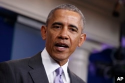 FILE - President Barack Obama speaks during the final press briefing for White House press secretary Josh Earnest.