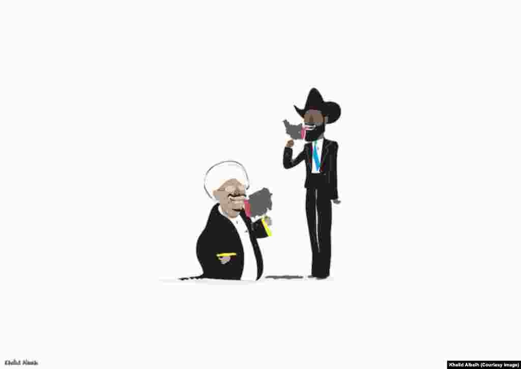 Sudanese President Omar al-Bashir and South Sudanese President Salva Kiir lick ice cream shaped like their countries in this cartoon by Sudanese artist Khalid Albaih.