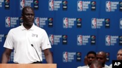 FILE - Amadou Gallo Fall, NBA VP and Managing Director-Africa, at the opening ceremony for Basketball without Borders Africa, the NBA and FIBA's global basketball development and community outreach program, in Johannesburg, Aug. 1, 2018.