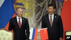 (俄罗斯总统普京和中国国家主席习近平2014年5月在上海的一个签字仪式上)