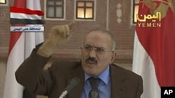 Yemen's President Ali Abdullah Saleh delivers his speech on state television in this still image taken from video, October 8, 2011.