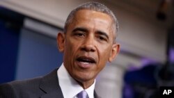 FILE - President Barack Obama speaks during the final press briefing for White House press secretary Josh Earnest.