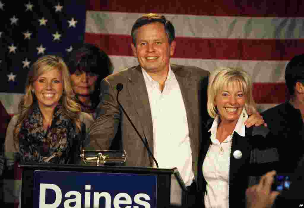 In Montana, Republican Senator-elect Steve Daines celebrates with family and other supporters in Bozeman, Nov. 4, 2014.