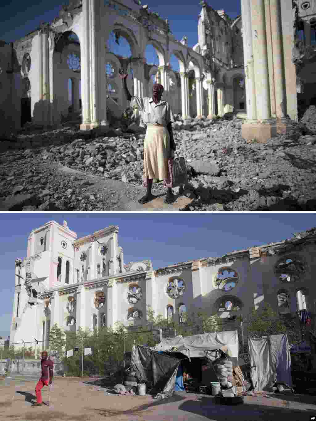 Gambar atas: Marie La Jesula Joseph berdoa di luar Katedral yang hancur akibat oleh gempa yang melanda Port- au -Prince, Haiti, 12 Januari 2010. Gambar bawah: Lima tahun kemudian, struktur bangunan masih rusak, 10 Januari 2105 .