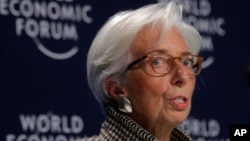 国际货币基金组织总裁克里斯蒂娜·拉加德（Christine Lagarde）周一在瑞士达沃斯的世界经济论坛上发表讲话(2018年1月22日)