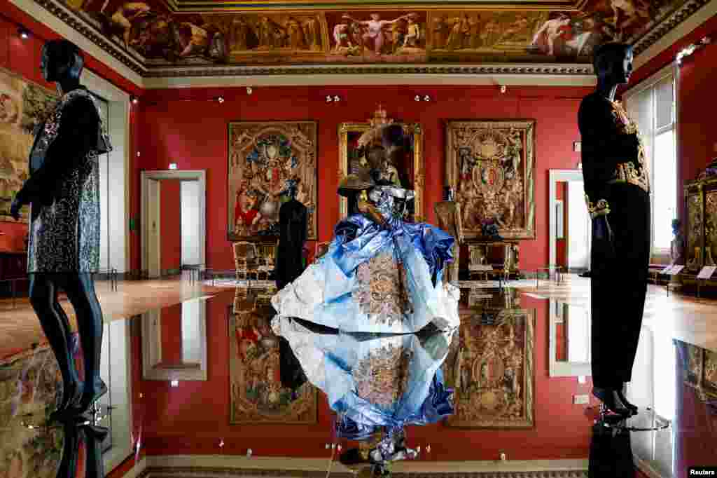 A dress designed by John Galliano for fashion house Christian Dior from the Haute Couture F/W 2006-2007 collection is displayed at the exhibition "Louvre Couture. Art and fashion: statement pieces" at the Louvre Museum in Paris, France.
