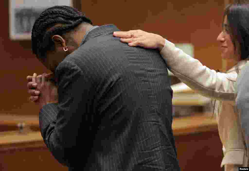 Rakim Mayers, aka A$AP Rocky, reacts in court as the verdict is given in his felony assault trial at the Clara Shortridge Foltz Criminal Justice Center in Los Angeles, California, Feb. 18, 2025. A jury found Grammy-nominated rapper not guilty of two felony counts of assault with a semi-automatic weapon in a 2021 altercation with another hip-hop artist in Hollywood.