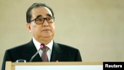 북한의 리수용 외무상이 지난해 3월 스위스 제네바 유럽 유엔본부에서 열린 제28차 유엔 인권이사회에서 기조연설을 하고 있다.