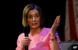 FILE - U.S. House Speaker Nancy Pelosi, D-Calif., addresses the Commonwealth Club, May 29, 2019, in San Francisco.
