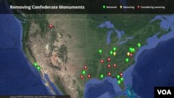 Map: Locations of Confederate monuments that have been removed, are being removed or where local officials are considering removal.