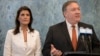 Arhiva - Bivši državni sekretar SAD Majk Pompeo i bivša ambasadoraka SAD u Ujedinjenim nacijama Niki Hejli govore u sedištu UN 20. jula 2018.