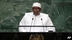 FILE - Gambia's President Adama Barrow addresses the 73rd session of the United Nations General Assembly, Sept. 25, 2018, at the United Nations headquarters.