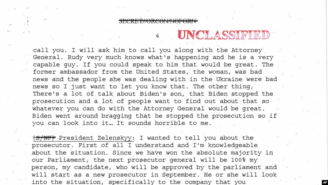 Page four of five from a White House-released rough transcript of President Donald Trump's July 25, 2019, telephone conversation with Ukraine's newly elected president Volodymyr Zelenskiy.