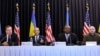 Nga e majta, ministria gjerman i Mbrojtjes, Boris Pistorius, shefi i shtabit të ushtrisë amerikane Charles Q. Brown, sekretari i Mbrojtjes Lloyd Austin and ministri i Mbrojtjes i Ukrainës Rustem Umerov (Gjermani, Baza Ajrore Ramstein, 19 mars 2024)