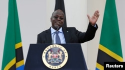 FILE - Tanzania's President John Magufuli addresses a news conference during his official visit to Nairobi, Kenya, Oct. 31, 2016.