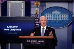 Vice President Mike Pence speaks about the coronavirus in the James Brady Press Briefing Room of the White House, in Washington, April 17, 2020.
