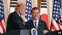 美国总统川普在韩国首尔青瓦台和韩国总统文在寅举行联合新闻发布会（2017年11月7日）。