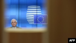 El jefe de política exterior de la Unión Europea, Josep Borrell, habla durante una conferencia de prensa después de una reunión de ministros de Relaciones Exteriores de la UE en Bruselas el 22 de marzo de 2021.
