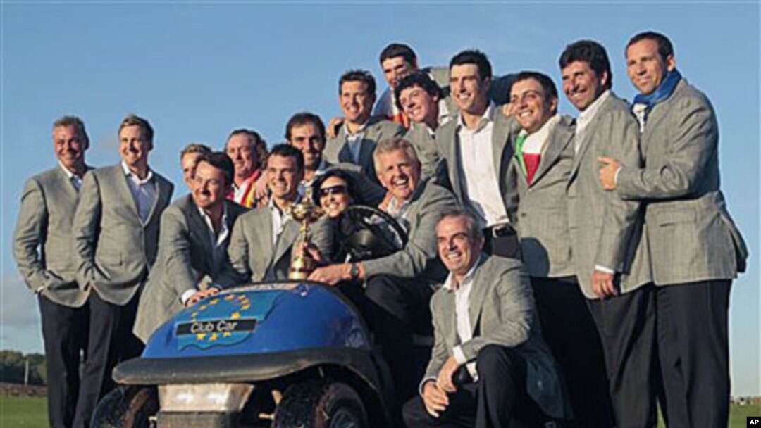 Europe team members celebrate winning the 2010 Ryder Cup golf tournament at the Celtic Manor Resort in Newport, Wales, 04 Oct 2010