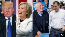 FILE - 2016 U.S. presidential candidates, from left, Donald Trump, Hillary Clinton, Bernie Sanders and Ted Cruz are seen in this composite image.