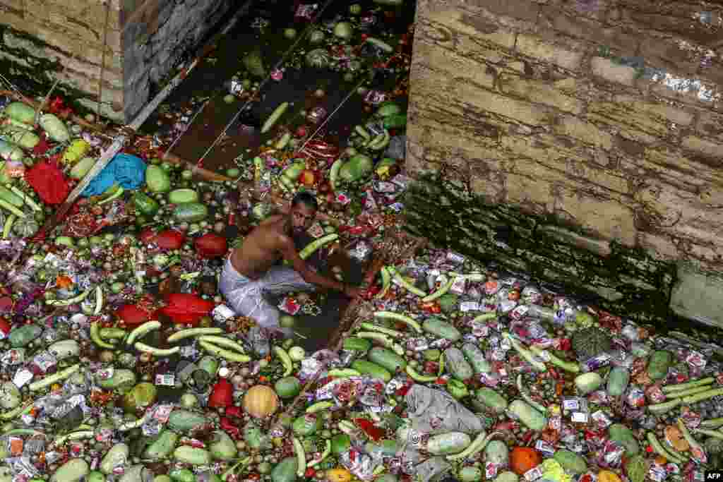 A volunteer separates the fruits and vegetables offered by the Hindu devotee couples after they took a holy dip in the sacred Lolark Kund well during the Lolark Shasthi festival, in Varanasi, India, Sept. 9, 2024.