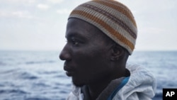 Laye Donzo from Liberia on the Aquarius vessel after being rescued on the Mediterranean Sea, June 25, 2016.