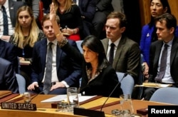 U.S. Ambassador to the United Nations Nikki Haley vetos an Egyptian-drafted resolution regarding recent decisions concerning the status of Jerusalem, during the United Nations Security Council meeting on the situation in the Middle East.