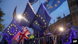 Demonstranti koji se zalažu za EU mašu zastavama pred zgradom parlamenta u Londonu, 9. septembra 2019.
