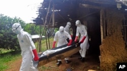 Ebola health care workers carry the body of a middle aged man they suspected of dying from the Ebola virus on the outskirts of Monrovia, Liberia, Nov. 8, 2014. 