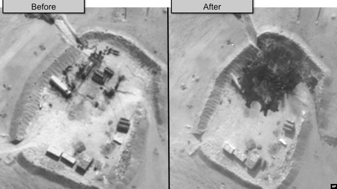 FILE- A two-picture combo photo, provided by the Pentagon, shows before and after airstrike photos of an oil refinery in Syria.