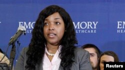 Ebola Nurse Amber Vinson speaks before her release from Emory University Hospital in Atlanta, Georgia October 28, 2014. Vinson, 29, the second of two American nurses who became infected with Ebola while treating a Liberian man who died of the disease in Texas was released from an Atlanta hospital having been declared free of the virus.
