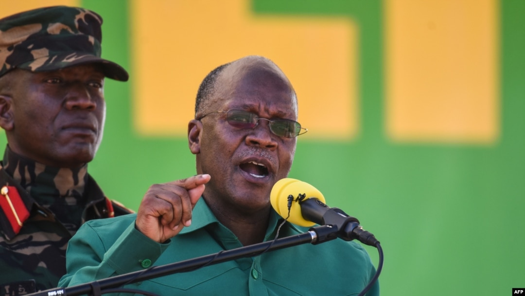 FILE - Tanzania's President John Magufuli speaks at the Jamhuri Stadium in Dodoma, Tanzania, Aug. 29, 2020.