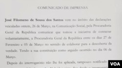 Comunicado de José Filomeno dos Santos sobre medidas de coação