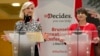 Dutch Minister for Trade and Development Cooperation Lilianne Plouman (right) and Danish Minister for Development and Cooperation Ulla Toernaes address a media conference, She Decides, at the Egmont Palace in Brussels, March 2, 2017. Nations are pledging