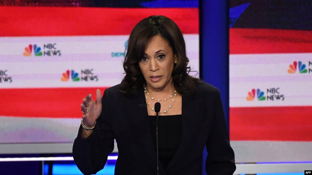 FILE - Democratic presidential hopeful U.S. Senator for California Kamala Harris speaks during the second Democratic primary debate of the 2020 presidential campaign at the Adrienne Arsht Center for the Performing Arts in Miami, June 27, 2019.