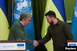 UN Secretary-General Guterres and Ukraine's President Zelenskiy attend a joint news conference, in Kyiv