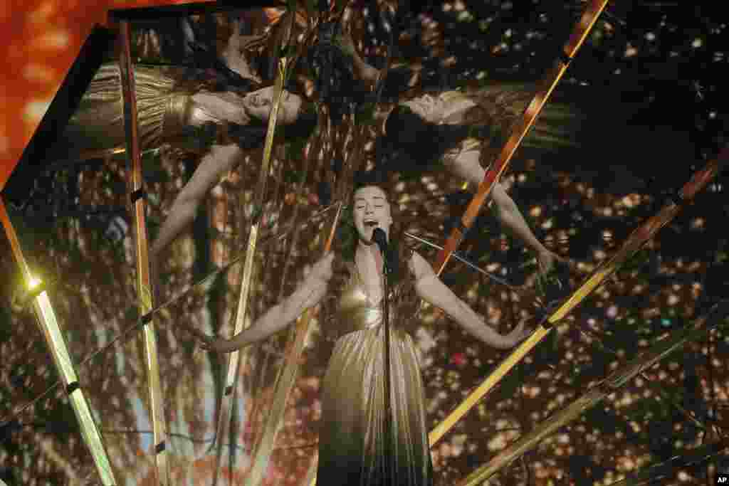 Lucie Jones from United Kingdom performs the song "Never Give Up on You" during the Final for the Eurovision Song Contest, in Kyiv, Ukraine, May 13, 2017.