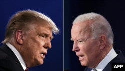 FILE - A combination of photos shows U.S. President Donald Trump (L) and Democratic presidential candidate former Vice President Joe Biden squaring off during the first presidential debate in Cleveland, Ohio, Sept. 29, 2020.