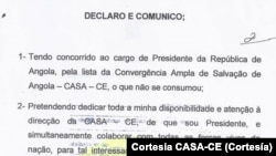Carta de Abel Chivukuvuku a declinar lugar de deputado