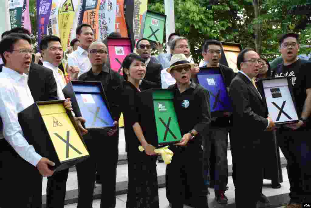 12個專業團體代表將市民要求否決政改的「一人一信」交給泛民議員 (美國之音 湯惠芸攝)