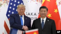 资料照片：美国总统特朗普与中国国家主席习近平2019年6月在大阪召开的G20峰会上握手。