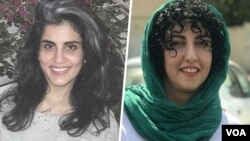 از راست: نرگس محمدی و لُجین الهذلول