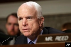 Senate Armed Services Committee Chairman Sen. John McCain speaks on Capitol Hill in Washington, May 23, 2017.
