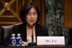 被拜登總統提名為美國貿易代表的戴琪在參議院財政委員會的提名確認聽證會上作證。 (2021年2月25日)